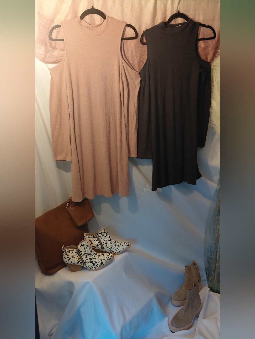 Pink Rose Cold-Shoulder Duo in Mauve and Black Mock Neck Dress